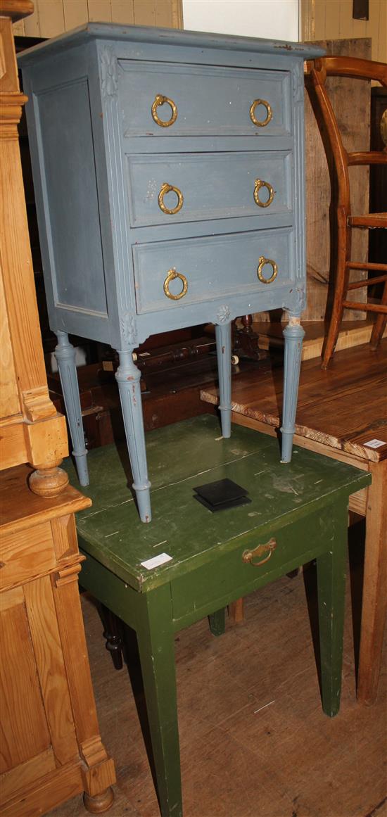 Green painted table & bedside chest of drawers